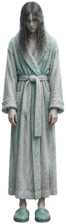 Seorang Bather berdiri diam dengan jubah handuk basah dan rambut basah menutupi wajah.